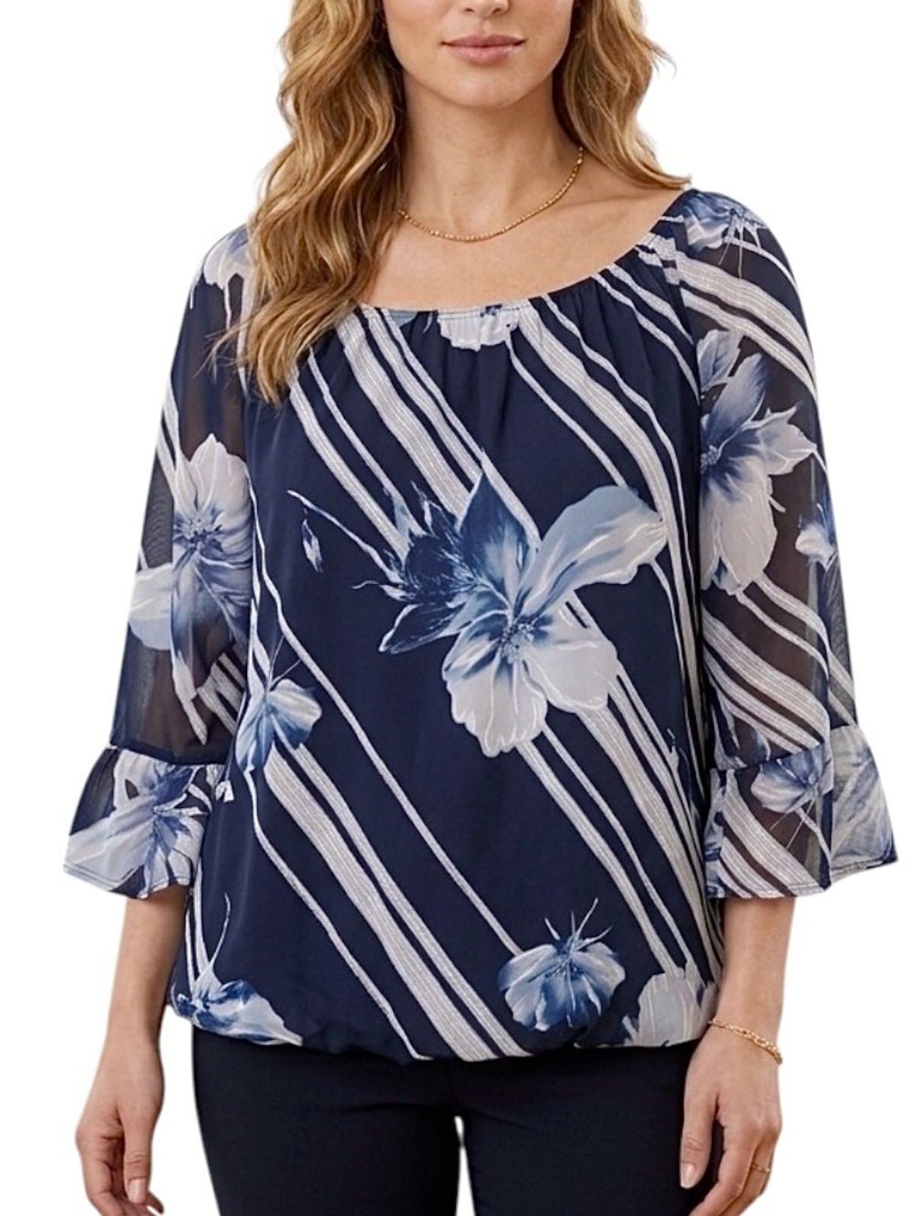 Espresso Floral 3/4 Ruffle Sleeve Pullover Chiffon Blouse Women’s XL Navy